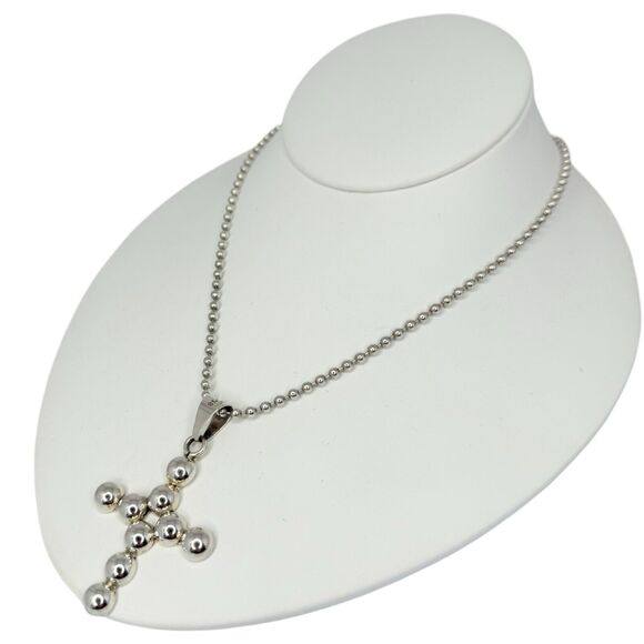 Taxco Mexico Cross Pendant Necklace 16" 925 Sterling Silver Christian Ball - Picture 5 of 13